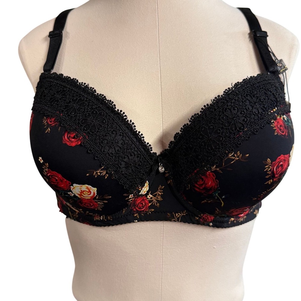 Binnys Black Floral Rose Lace Trim Padded Underwire Bra 38D romantic‎ croquet